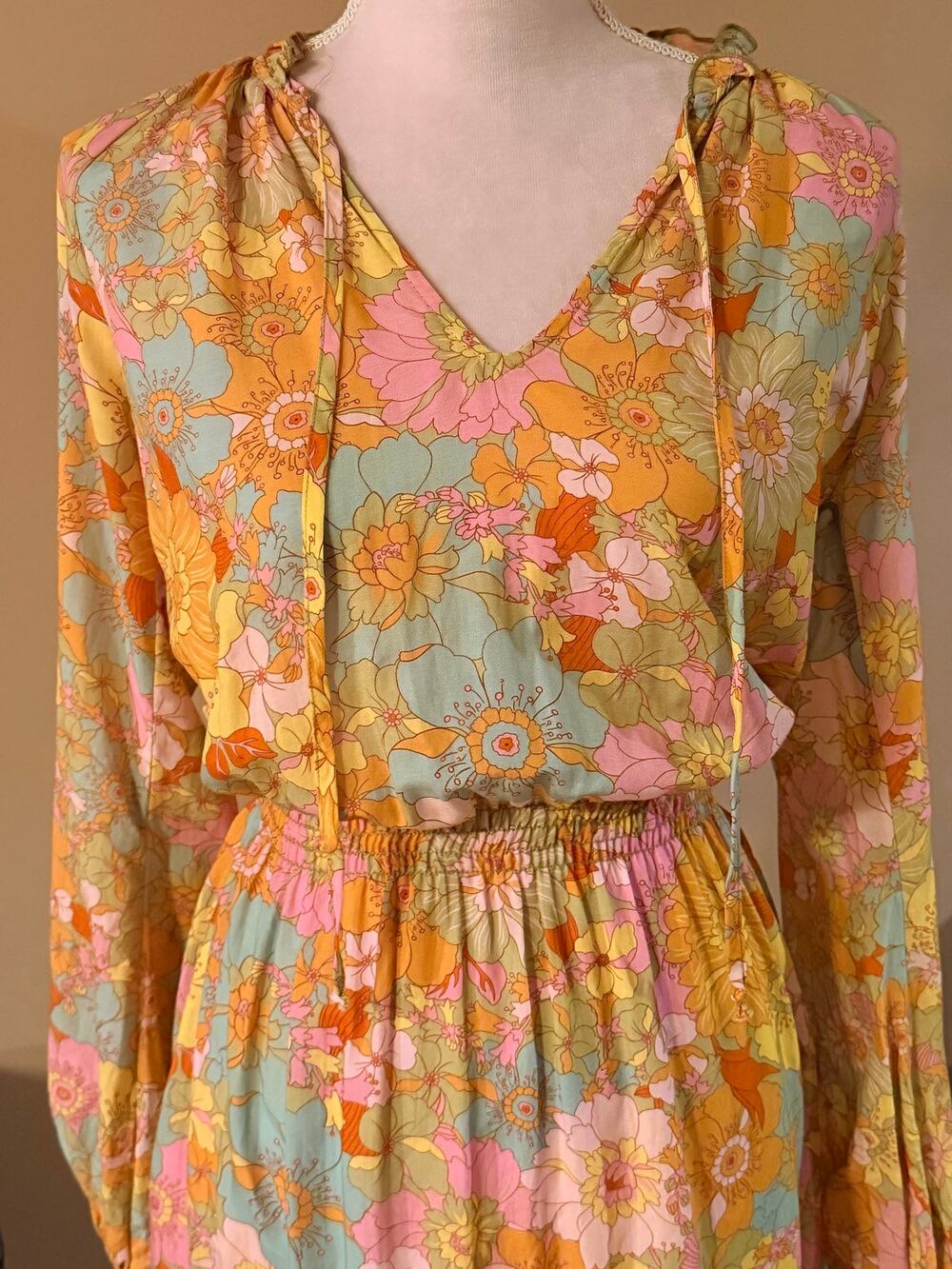 Show Me Your Mumu Retro Floral Long Sleeve Ruffle Tiered Maxi Dress Size XS